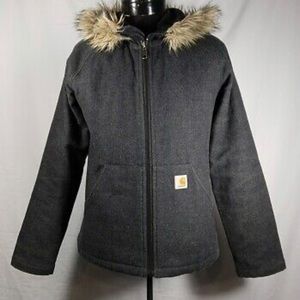 Carhartt Coat Full Zip Wool Blend Faux Fur Trim Hood Womens